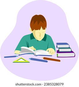 graphic illustration of a little boy who is studying and beside him there is a pile of books and looks very smart, this vector is great for covers, banners, icons, logos, and more