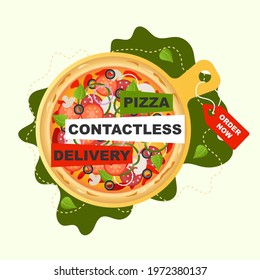 Graphic Illustration logo for whole round hot pizza, slice triangle, pizzeria menu. Pizza on the wood board, ingredients for pizzeria on the chalkboard, food slices in box. Eat tasty Italian pizzas.