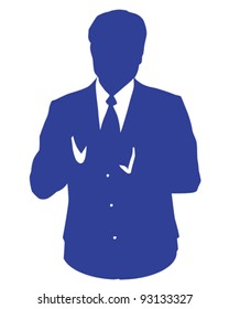 Graphic illustration of a man in blue business suit as user icon, avatar