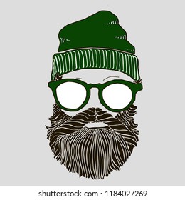 Graphic illustration of a man in a cap in glasses and with a beard. Linear style logo. A hunter in a calf winter hat