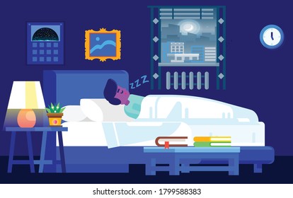 Graphic illustration of a man sleeping peacefully on his bed beside the open window on a moonlit night.