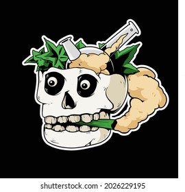 graphic illustration of marijuna leaf in skull head relaxed. fit for stickers, screen printing, decorations, and more