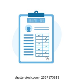 Graphic illustration of a medical patient card on a clipboard, featuring checklist tables and text