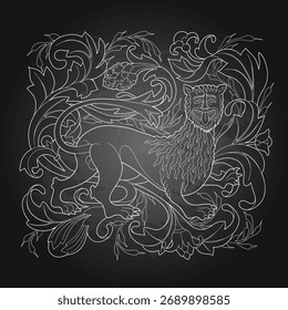 Graphic illustration of a medieval lion, vector and inspired by medieval miniatures.