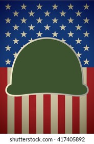 Graphic illustration of military helmet on United States of America flag.