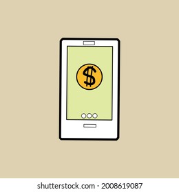 Ilustración gráfica del teléfono móvil con icono en dólares para transacciones en línea