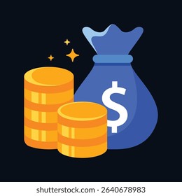 Graphic Illustration Of A Money Bag With A Dollar Sign And Gold Coins. Suitable for finance, savings, investment, banking, currency, and wealth concepts. vector icon symbol flat style