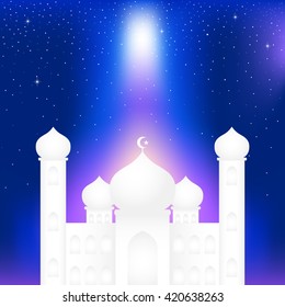 Graphic illustration of a mosque on blue and starry night sky background.