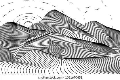 Graphic illustration of mountain range with sun, engraving, texture of lines