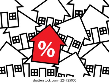 A graphic illustration of multiple houses beneath, a red arrow symbol with a percetage sign. A house finance metaphor.