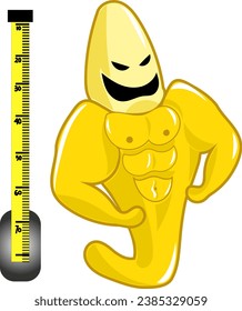 graphic illustration of a muscular banana posing next to a tape measure, this banana is very strong and long, this vector is great for icons, logos, banners, covers, etc.