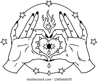 Graphic illustration with mystic eye inside the decorative heart and hands making heart sign