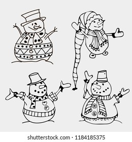 Graphic illustration of New Year snowmen. Postcard. Coloring page. Holidays Celebration. Christmas set of snowmen in different clothes