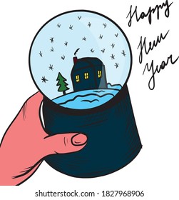 Graphic illustration, new year's glass ball in hand, holiday paraphernalia. Vector illustration hand drawing