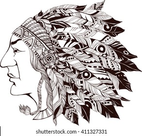 Graphic illustration of North American Indian chief . Vector