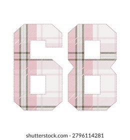 Graphic illustration of number sixty eight with tartan plaid texture, collegiate font style with stitching outline, varsity numbers for sports apparel, cute preppy aesthetic pattern.