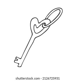 Graphic Illustration with an old key with a keychain on a white background in line art style