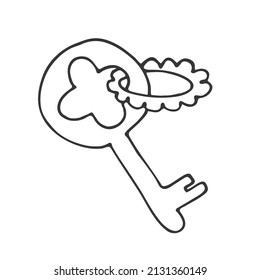 Graphic Illustration with an old key with a keychain on a white background in line art style