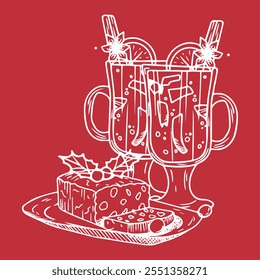 Graphic illustration on a red background: two glasses of mulled wine decorated with cinnamon sticks and star anise, alongside a traditional Christmas cake garnished with berries and a holly leaf.

