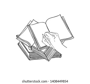 
Graphic illustration with open book, hand and pen. Writing hand on  pages. Line art.