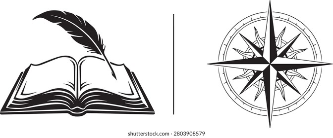 Graphic illustration of open book with quill and compass navigation illustration adventure direction nautical education literary discovery