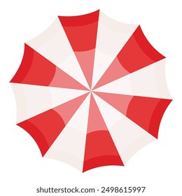 Graphic illustration of an open umbrella with a red and white striped pattern viewed from above