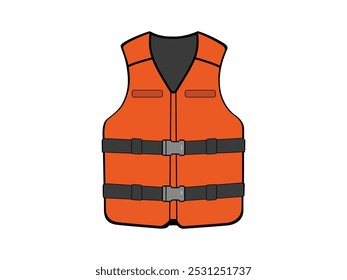 Ilustración gráfica de un chaleco salvavidas naranja con correas y hebillas de seguridad negras, diseñado para la seguridad del agua y la flotación personal.
