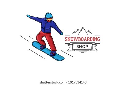 Graphic illustration os winter extreme sportsman on snowboard descending down the hill with logo of snowboarding shop, isolated, template