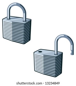 Graphic illustration of padlocks, open and closed.