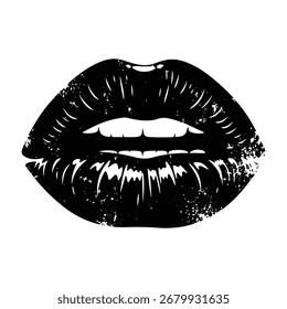 A graphic illustration of a pair of open lips, textured with grunge effect, in black ink.