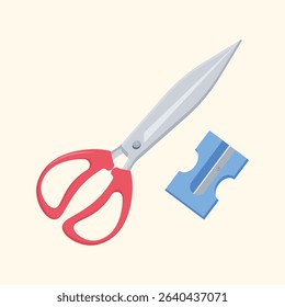 Graphic illustration of a pair of red-handled scissors and a blue pencil sharpener.  The scissors and sharpener are depicted in a simple, flat design style.
