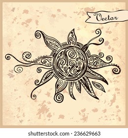 Graphic illustration of a patterned sun. Hand-drawing. Vector illustration.  Illustration for greeting cards, invitations, and other printing projects.