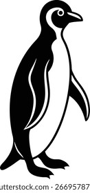 Una ilustración gráfica de un pingüino erguido, representado en un estilo simple y audaz en blanco y negro.