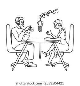 Graphic illustration of people recording a podcast or live streaming.Bearded man and young woman talking to each other while sitting at table with microphone.Vector black line drawn design on white.