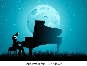 Graphic illustration of a pianist playing piano on grassland during full moon