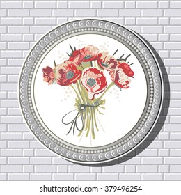 Graphic illustration of picture with flowers (poppies) in a frame on the background of a brick wall.  Suitable for invitation, flyer, sticker, poster, banner, card,label, cover. Vector illustration.