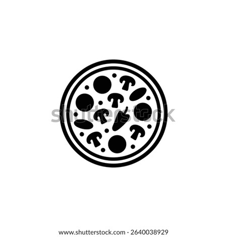 Graphic illustration of a pizza with double crust and toppings including peppers and mushrooms, shown in a simple black and white minimalist style icon.