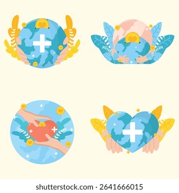 Graphic illustration of a planet Earth depicted in a caring and supportive manner, with hands holding it and surrounded by nature elements.