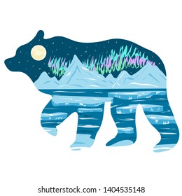 Graphic illustration. Polar night landscape of lake, ice and northern lights. Illustration for t-shirts, trenches or covers.