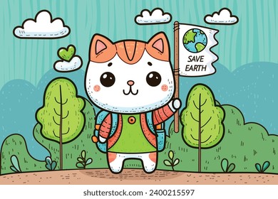 Ilustración gráfica de un afiche con un gatito sobre un fondo natural en estilo de caricatura