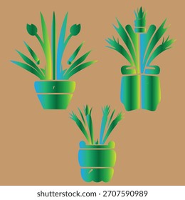 A graphic illustration presents three stylized potted plants, each with vibrant green and blue gradient colors. They are in simple pots on a brown background, offering a modern botanical display.