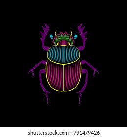 Graphic illustration of psychedelic scarab engraved on black background