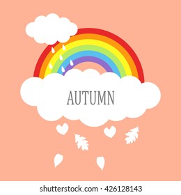 Graphic illustration of rainbow with clouds and falling leaves for autumn icon