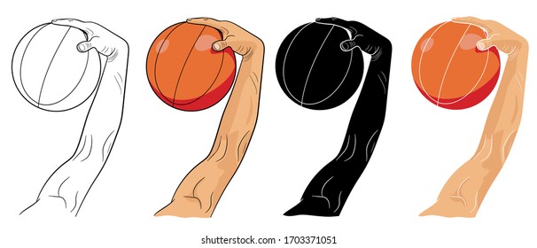 Graphic illustration of a realistic hand of a basketball player with a ball in isolate on a white background. Vector illustration.