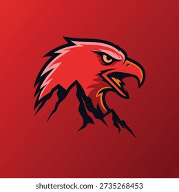 Graphic illustration of a red eagle head with sharp beak and feathers