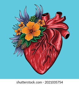 Graphic illustration with red heart and flower poster design healty in hospital
