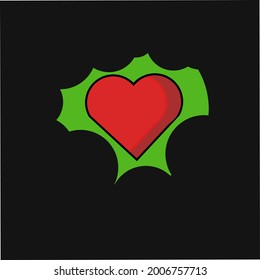 Graphic illustration of a red heart on a green and black background as a love icon for valentines and wedding celebrations