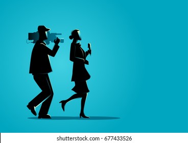 Graphic illustration of a reporter and a cameraman running, chasing for news