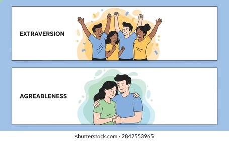 Graphic illustration representing extraversion personality with cheering friends and agreeableness with a loving couple.