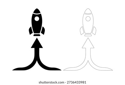 A graphic illustration of a rocket launching with an arrow indicating progress and startup success
